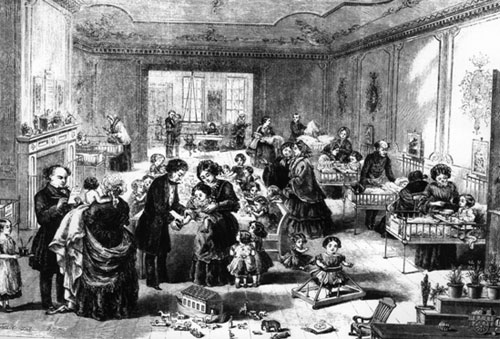 Ward in the Original Hospital. William Jenner is standing on the extreme left, with Charles West left centre. (1858)